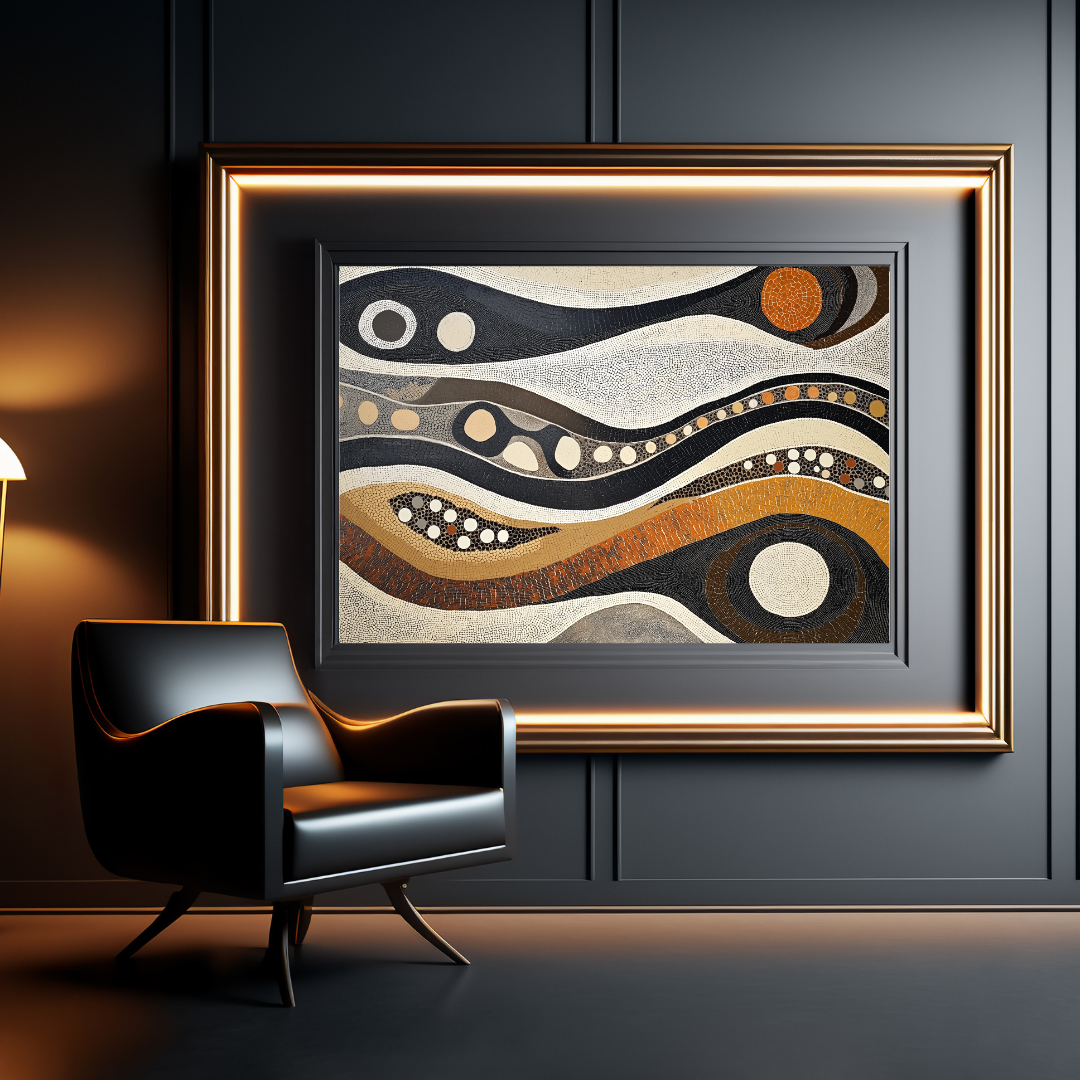 Earthy Waves Abstract Framed Art - Luxury Geometric Design in Black and Gold Frame