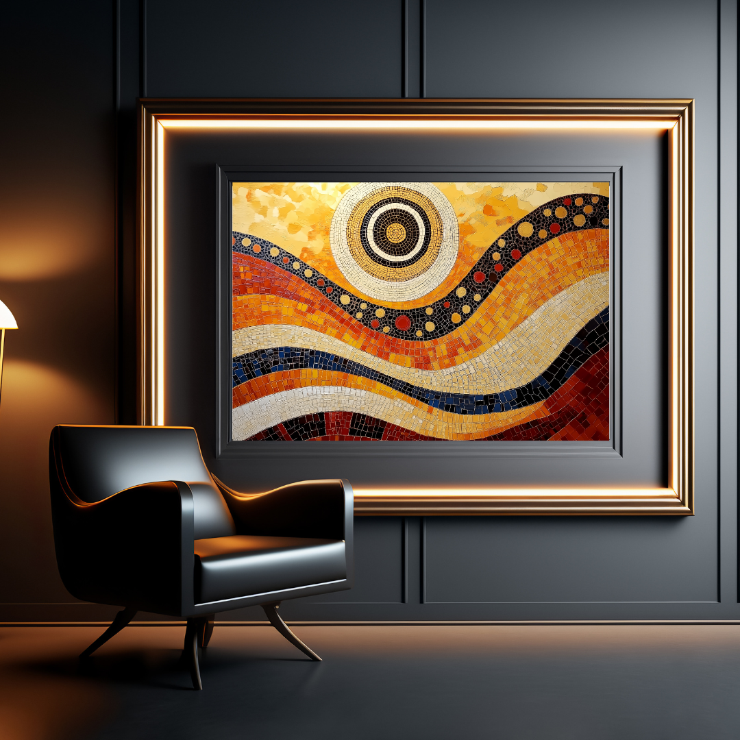 Sunburst Mosaic Framed Art - Radiant Abstract Design in Luxe Black Frame