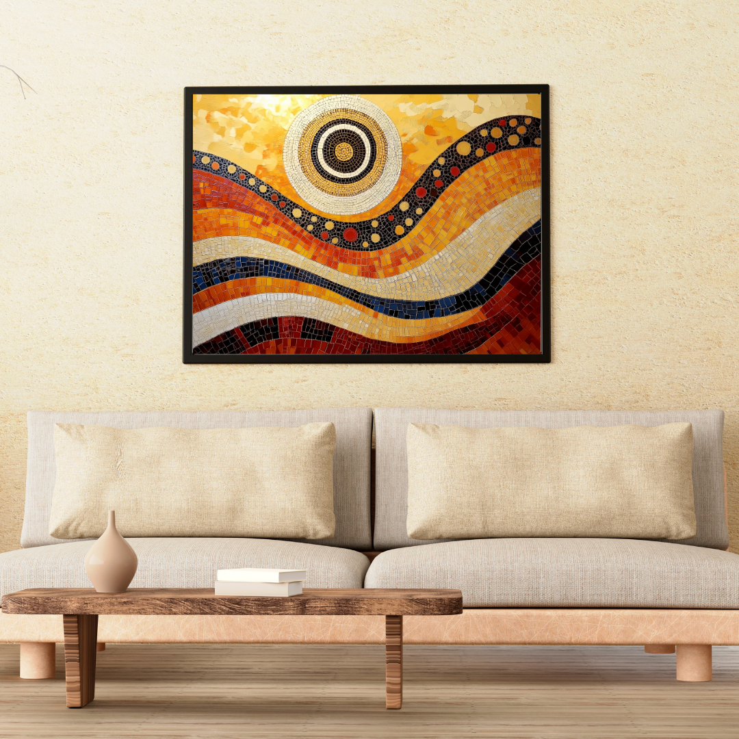 Sunburst Mosaic Framed Art - Radiant Abstract Design in Luxe Black Frame